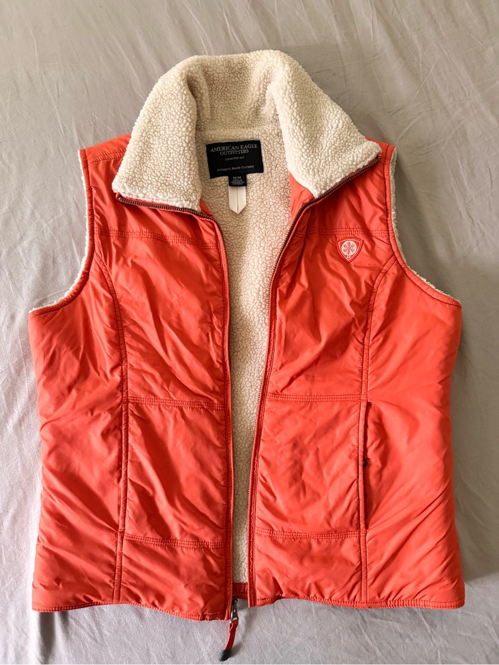 American Eagle Outfitters Coral Quilted Vest with Cream Sherpa Lining